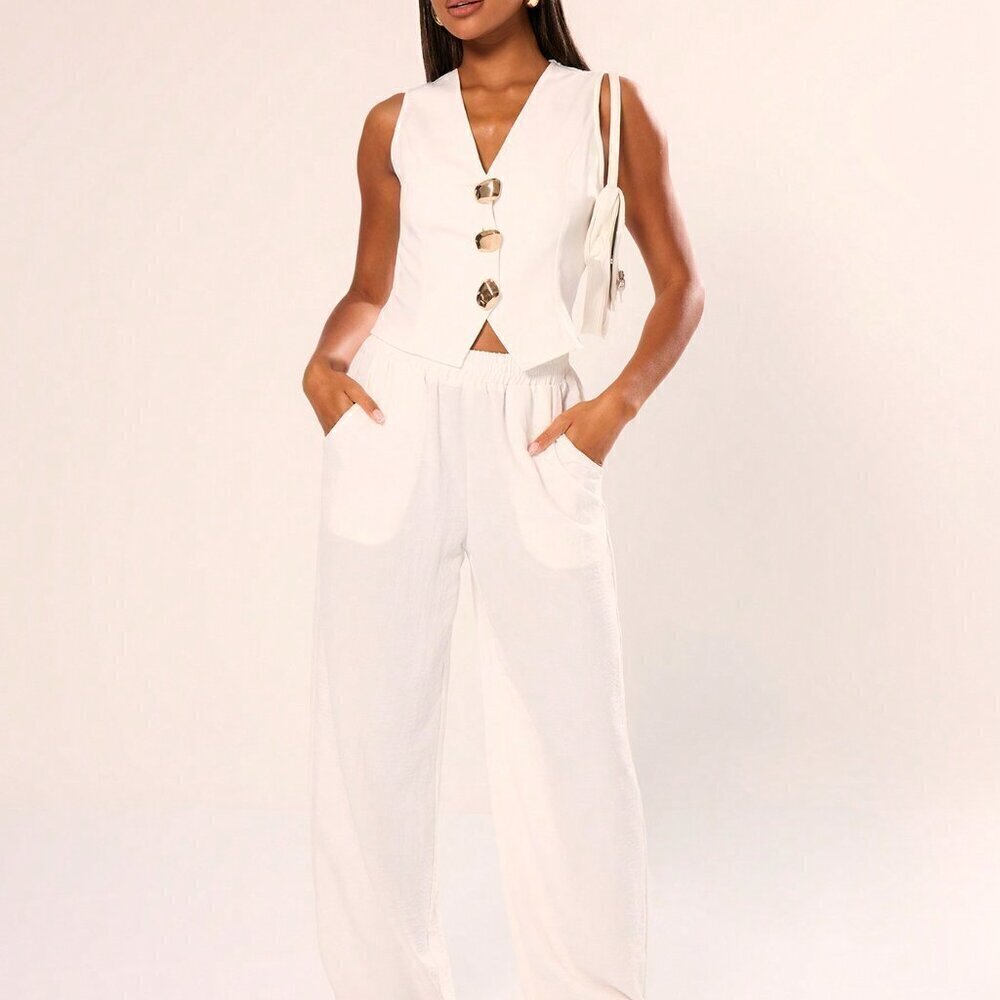 White Casual Women's Metal Button Sleeveless Minimalist Vest Top - Picture 4 of 5